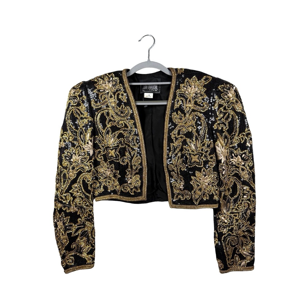 Vintage Julie Duroche Sz 8 Black & Gold Silk Beaded Sequin Evening Jacket Blazer